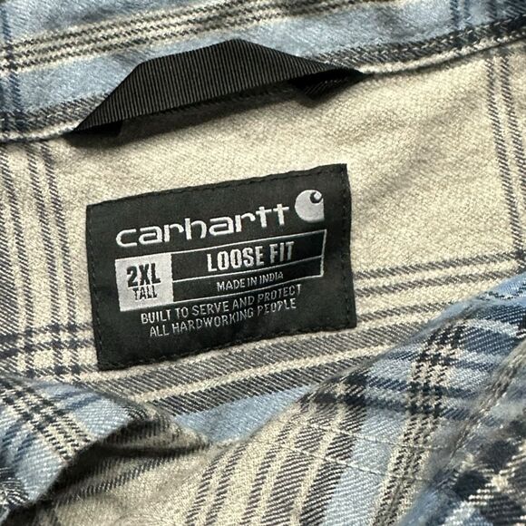 CARHARTT Men’s Tan Gray Blue Plaid Long Sleeve Button Front Work Shirt Loose Fit - Picture 3 of 6